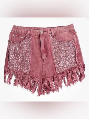 POL Pink Sequin Fringe Denim Shorts Size M Boho Festival  Cutoff Jean Shorts